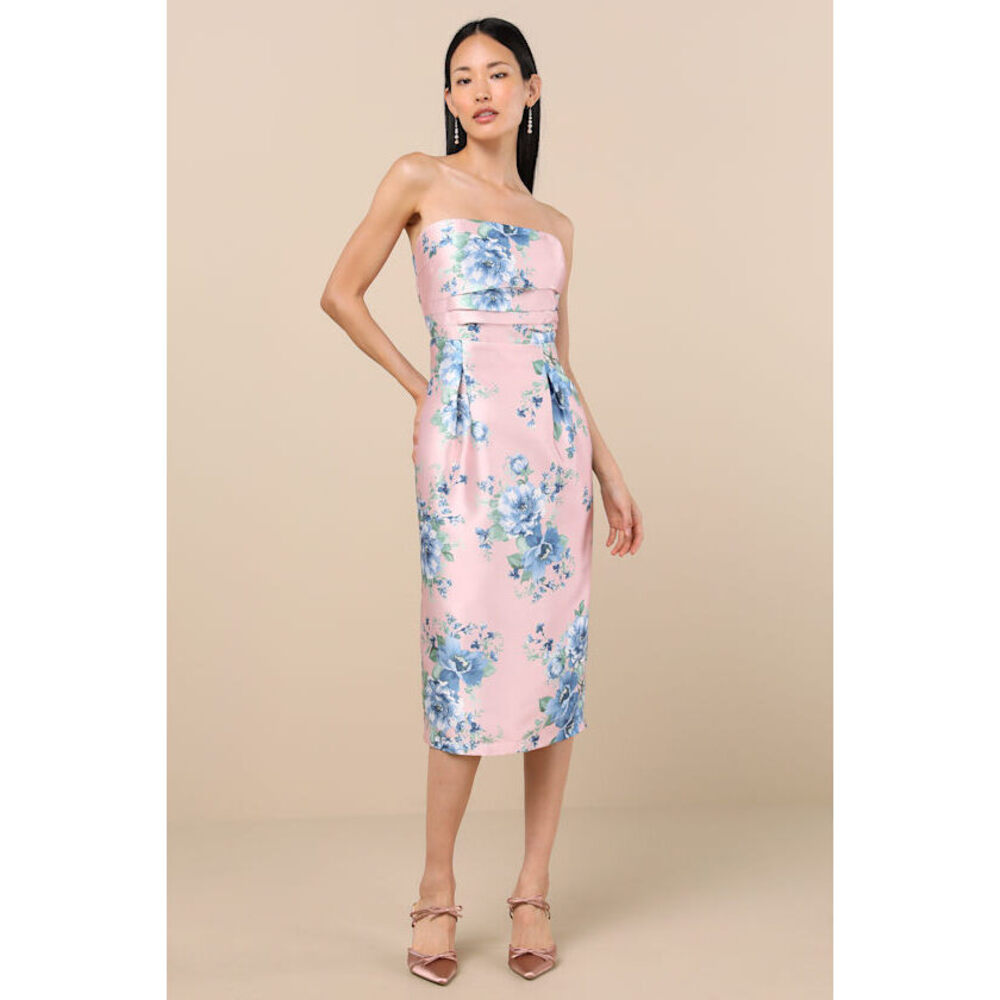 Lulus Aloysia Pink And Blue Floral Jacquard Strapless Midi Dress - Size S NWT